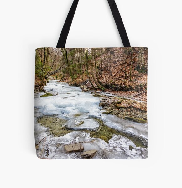 frozen river in forest All Over Print Tote Bag