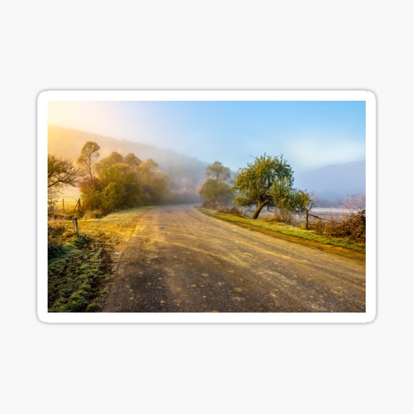 road near forest in foggy mountains at sunrise Sticker