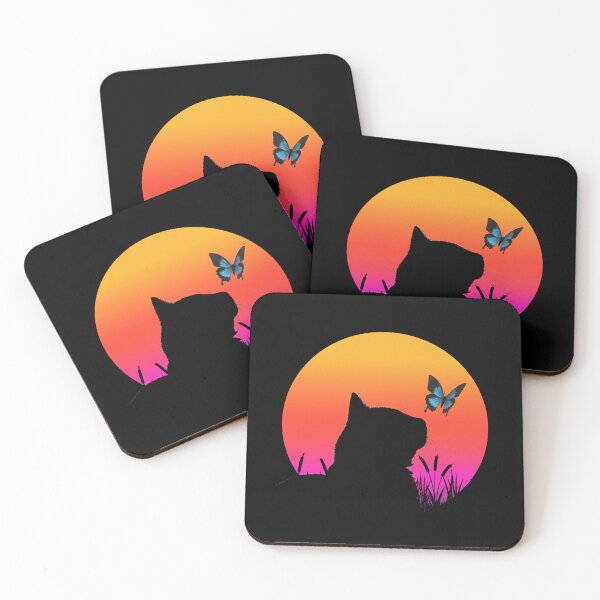 Item preview, Cat watching sunset colorful cat silhouette with butterfly designed and sold by JoeyGrace.