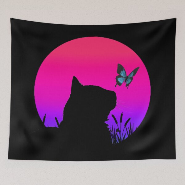 Item preview, Cat watching sunset colorful cat silhouette with butterfly designed and sold by JoeyGrace.