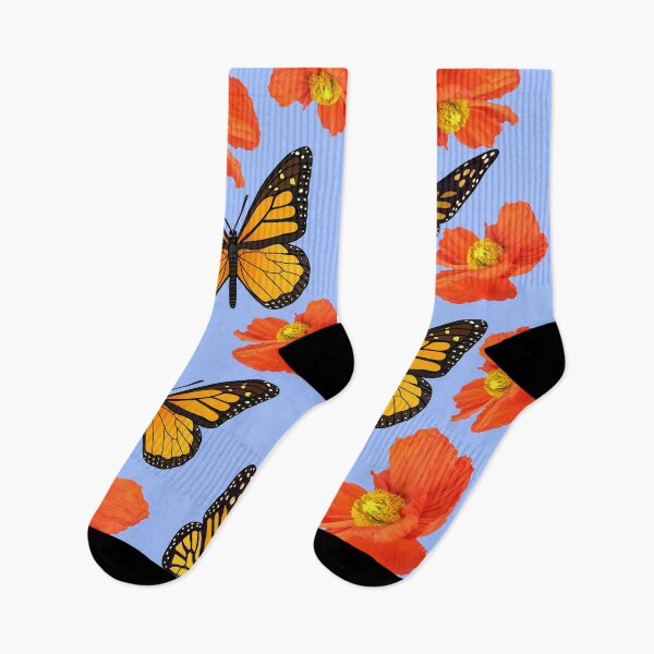 Item preview, ORANGE POPPY FLOWERS MONARCH  BUTTERFLY BLUE ART designed and sold by sharlesart.
