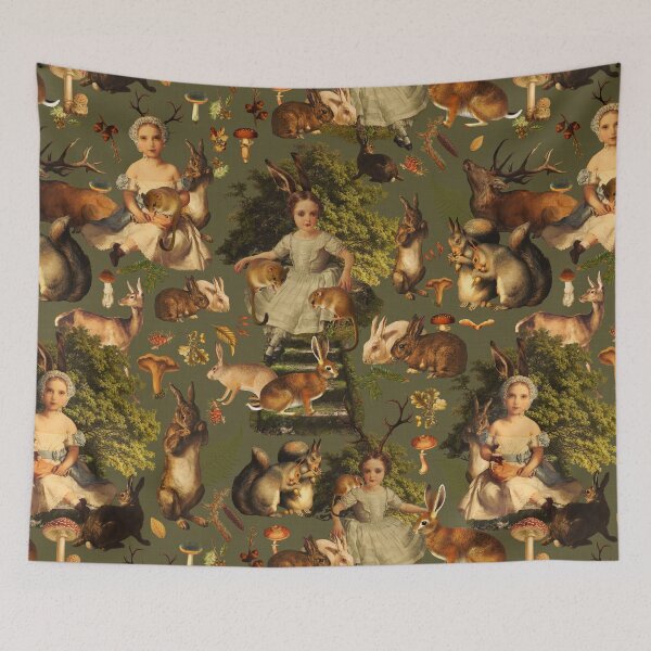 Item preview, Gothic Fairytale- Little Girls And Bunnies In Forest Botanical Night Garden - Pattern Green Nightgarden designed and sold by UtArt.