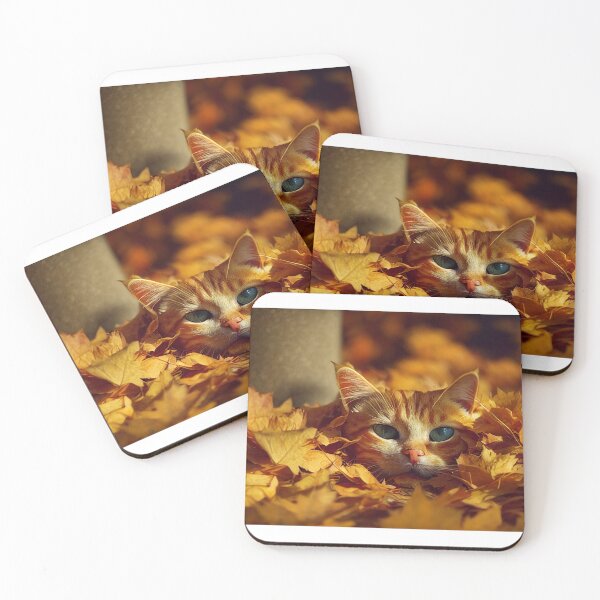 Item preview, Orange tabby cat peeking out of a pile of raked autumn leaves designed and sold by pnywest.