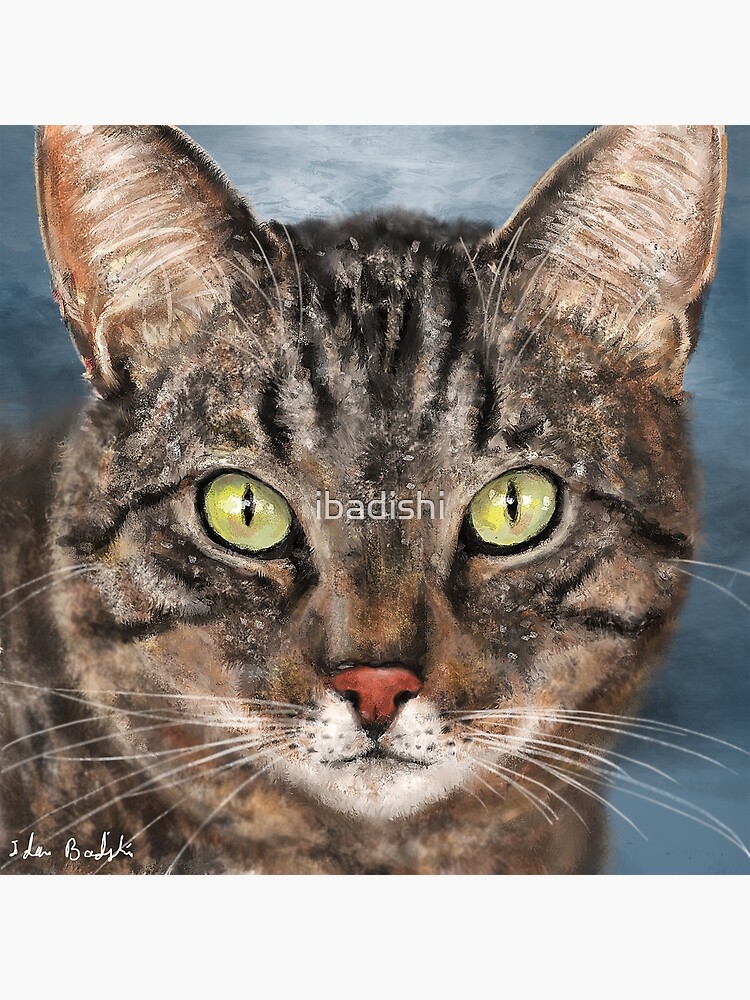 Impression Rigide Peinture D Une Tete De Chat Gris Avec De Grands Yeux Verts Penetrants Par Ibadishi Redbubble