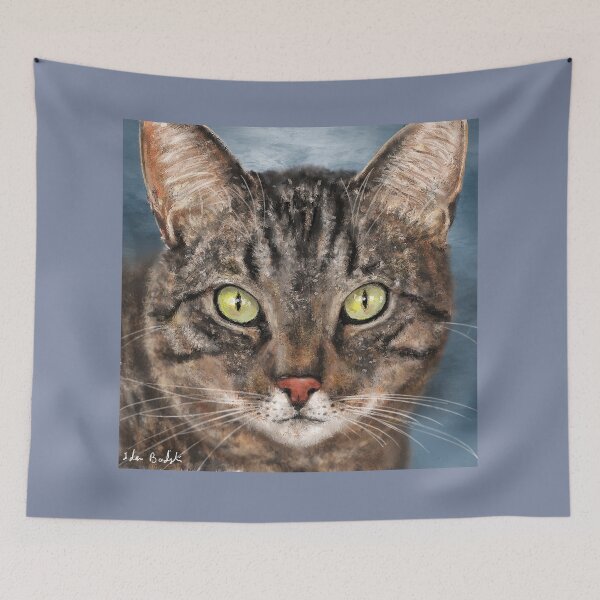 Item preview, Painting of a Gray Cat Head with Big Penetrating Green Eyes designed and sold by ibadishi.