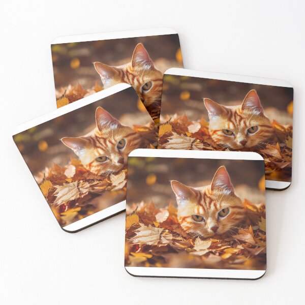 Item preview, Orange tabby cat peeking out of a pile of raked autumn leaves designed and sold by pnywest.