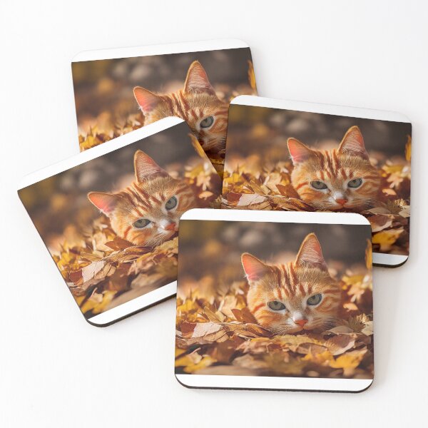 Item preview, Orange tabby cat peeking out of a pile of raked autumn leaves designed and sold by pnywest.