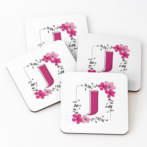 Aperçu de l'œuvre Monogramme J rose avec cadre floral rose créée et vendue par Coffee Lifestyle.