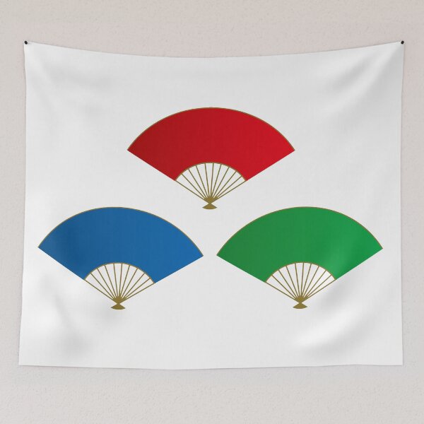 Aperçu de l'œuvre Trois ventilateurs pliants de style japonais en bleu, rouge et vert créée et vendue par RaionKeiji.