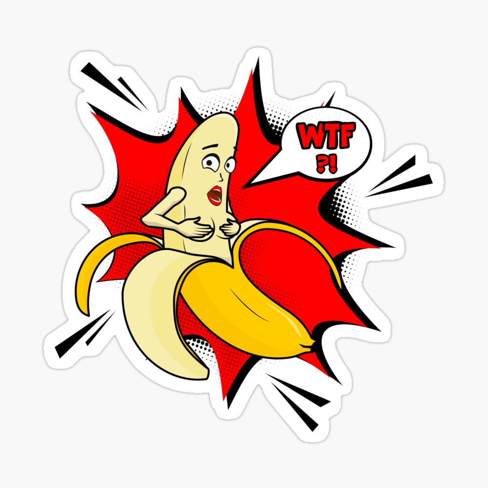 Vector adult character. Funny illustration naked banan with boobs and pop  art cloud WTF