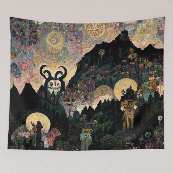 Item preview, Abstract Gothic Colorful landscape with Horned creature on Mountain designed and sold by MysticAlgorithm.