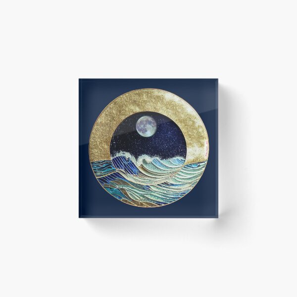 Full Moon Over Ocean Waves Acrylic Block