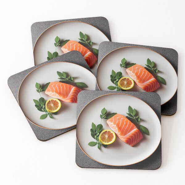 Item preview, Beautifully plated fresh salmon steak filet, food photography, computer AI generated art designed and sold by SvetlanaSF.