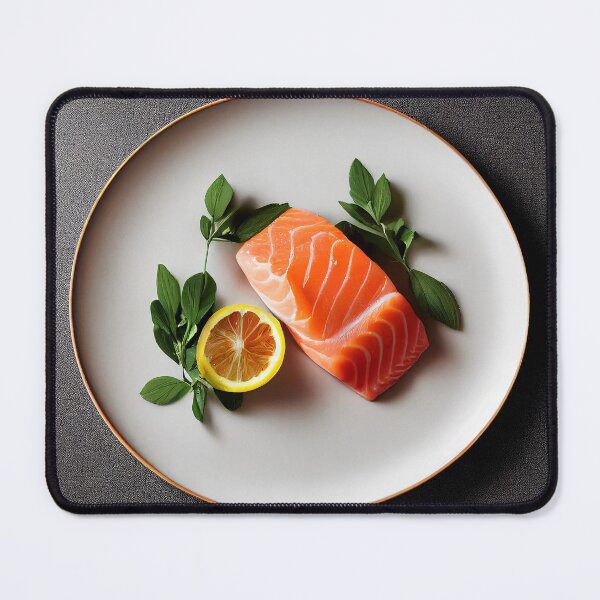 Item preview, Beautifully plated fresh salmon steak filet, food photography, computer AI generated art designed and sold by SvetlanaSF.
