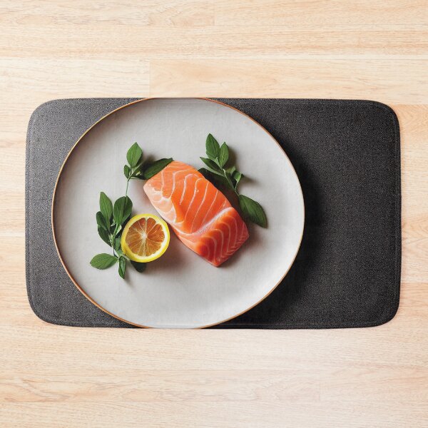 Item preview, Beautifully plated fresh salmon steak filet, food photography, computer AI generated art designed and sold by SvetlanaSF.