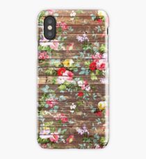 Elegant pink roses floral rustic brown wood iPhone Case
