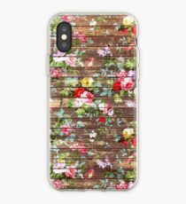 Elegant pink roses floral rustic brown wood iPhone Case