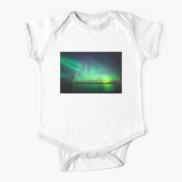 Northern lights over lake Short Sleeve Baby One-Piece