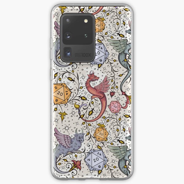 Aperçu de l'œuvre VINTAGE MEDIEVAL DRAGON AND D20 DICE, motif Dnd, floral, bleu, jaune, rose créée et vendue par DungeonAtelier.