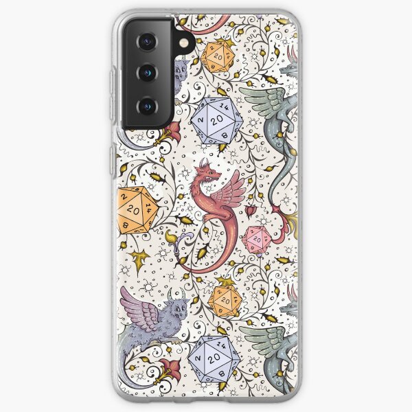 Item preview, VINTAGE MEDIEVAL DRAGON AND D20 DICE, Dnd pattern, floral, blue, yellow, pink designed and sold by DungeonAtelier.