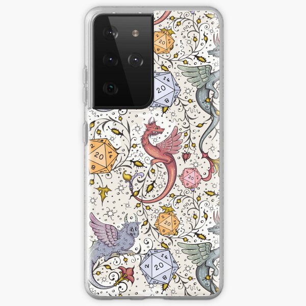 Aperçu de l'œuvre VINTAGE MEDIEVAL DRAGON AND D20 DICE, motif Dnd, floral, bleu, jaune, rose créée et vendue par DungeonAtelier.