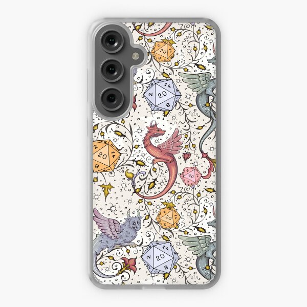 Aperçu de l'œuvre VINTAGE MEDIEVAL DRAGON AND D20 DICE, motif Dnd, floral, bleu, jaune, rose créée et vendue par DungeonAtelier.