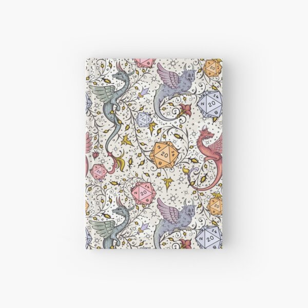 VINTAGE MEDIEVAL DRAGON AND D20 DICE, Dnd pattern, floral, blue, yellow, pink Hardcover Journal