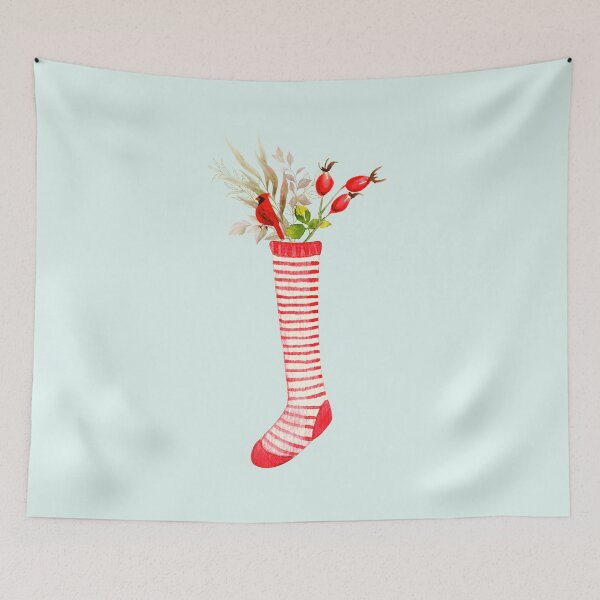 Item preview, Cute Red Watercolor Christmas Sock With Xmas Plants an Adorable Christmas Bird designed and sold by CommittedGrace.