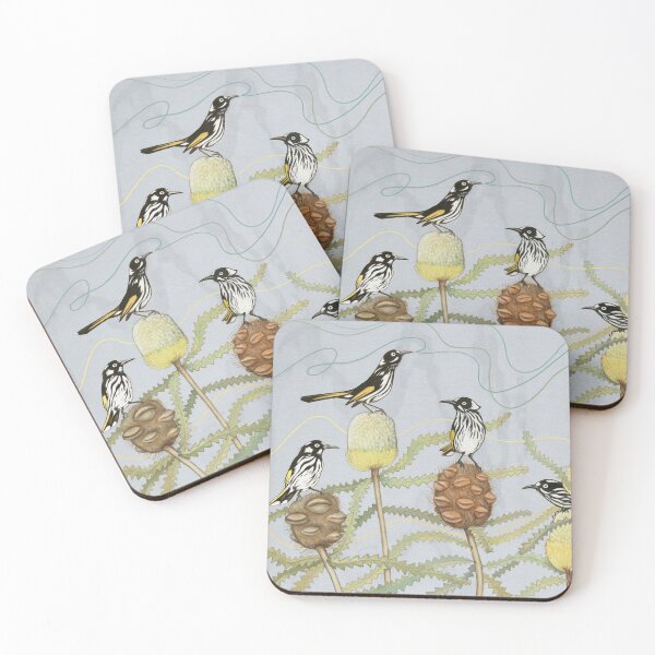 Item preview, Five Honeyeaters on Banksia designed and sold by Esti Nagy.