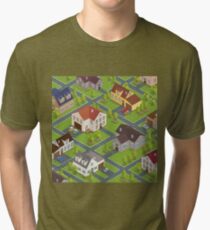 Isometric Cityscape. Isometric Buildings. Isometric Houses. Isometric Cottages. Isometric City. Modern Houses. Isometric Cars. Tri-blend T-Shirt