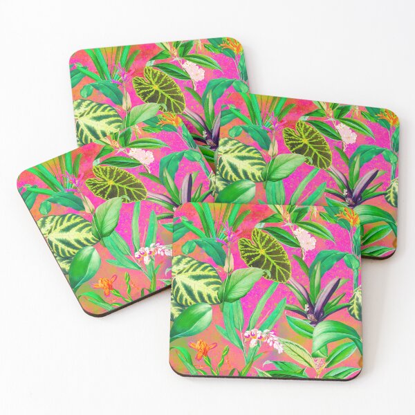 Item preview, Exotic tropical foliage, leaves and flowers tropical pattern, botanical illustration, pink orange floral illustration   designed and sold by ZeinabTaha.