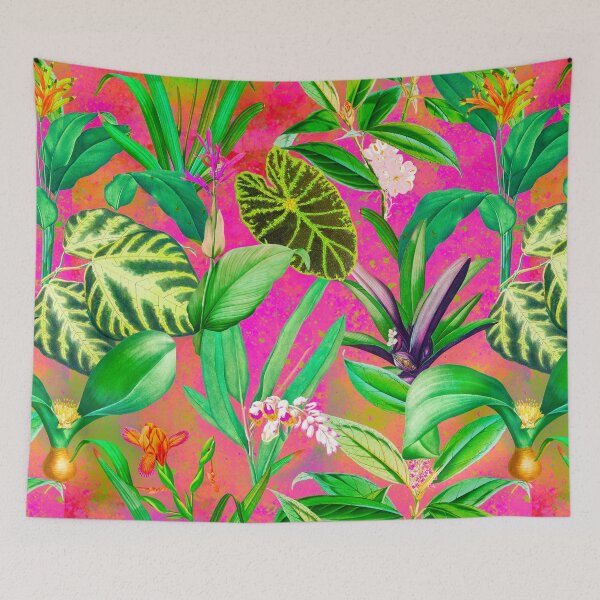 Item preview, Exotic tropical foliage, leaves and flowers tropical pattern, botanical illustration, pink orange floral illustration   designed and sold by ZeinabTaha.
