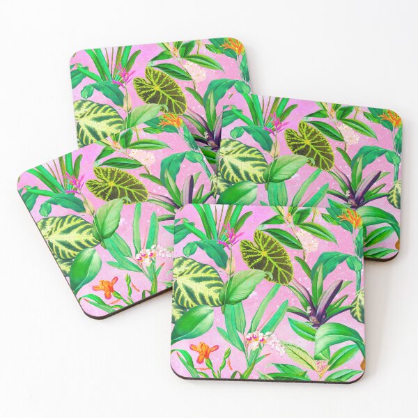 Item preview, Exotic tropical foliage, leaves and flowers tropical pattern, botanical illustration, pink floral illustration   designed and sold by ZeinabTaha.