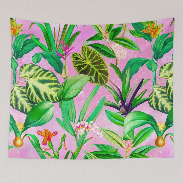 Item preview, Exotic tropical foliage, leaves and flowers tropical pattern, botanical illustration, pink floral illustration   designed and sold by ZeinabTaha.