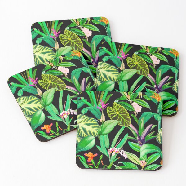 Item preview, Exotic tropical foliage, leaves and flowers tropical pattern, botanical illustration, black green floral illustration   designed and sold by ZeinabTaha.