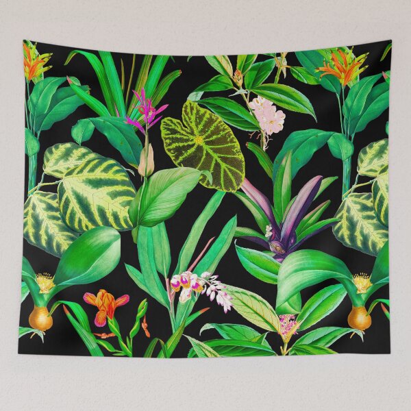 Item preview, Exotic tropical foliage, leaves and flowers tropical pattern, botanical illustration, black green floral illustration   designed and sold by ZeinabTaha.