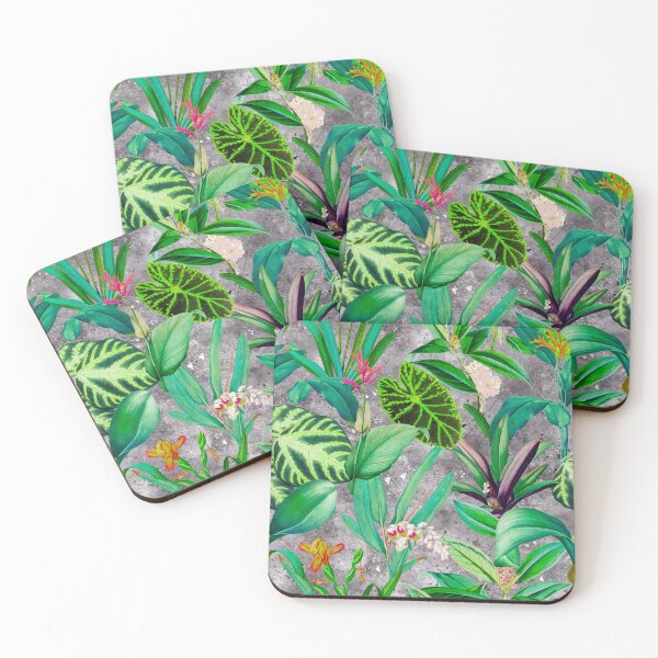 Item preview, Exotic tropical foliage, leaves and flowers tropical pattern, botanical illustration, grey floral illustration   designed and sold by ZeinabTaha.