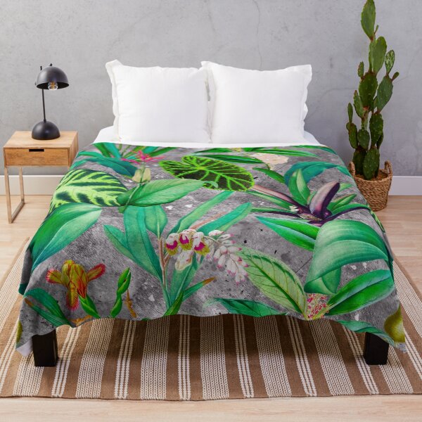 Item preview, Exotic tropical foliage, leaves and flowers tropical pattern, botanical illustration, grey floral illustration designed and sold by ZeinabTaha.