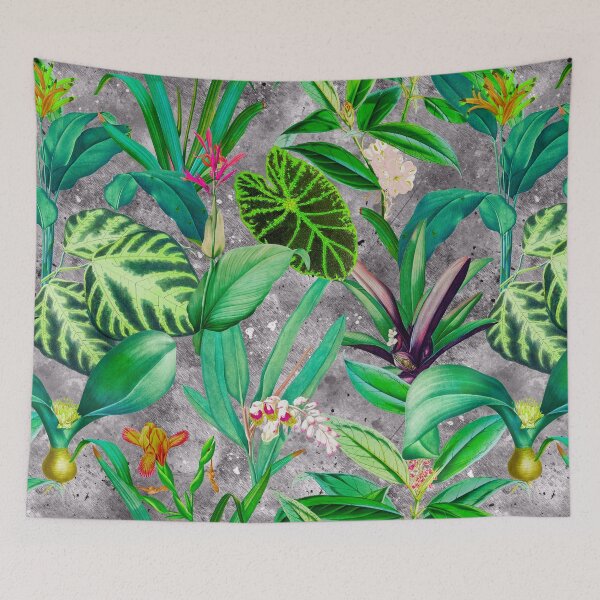 Item preview, Exotic tropical foliage, leaves and flowers tropical pattern, botanical illustration, grey floral illustration   designed and sold by ZeinabTaha.