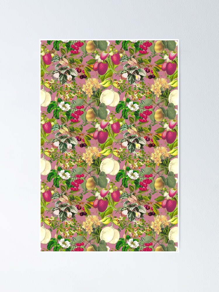 "Vintage fruit garden pattern, strawberries, vintage botanical, fruit