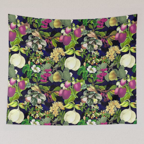 Item preview, Vintage fruit garden pattern, strawberries, vintage botanical, fruit pattern, black floral illustration   designed and sold by ZeinabTaha.