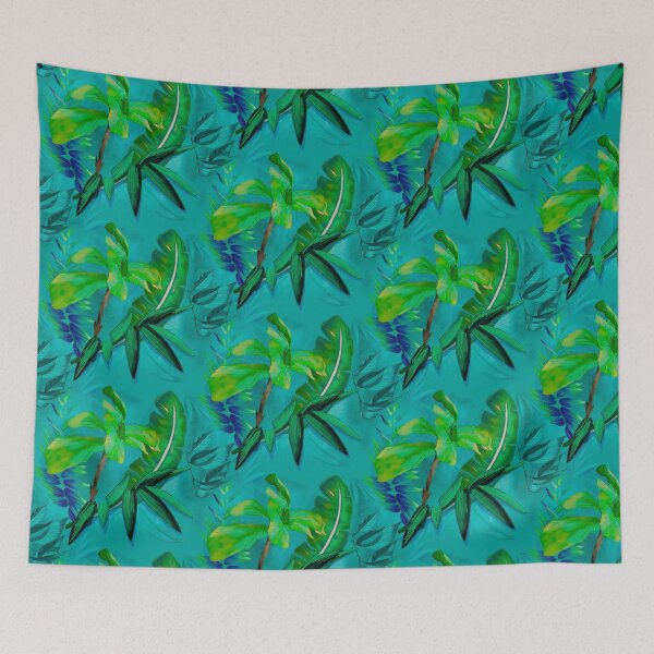 Item preview, tropical heaven trendy exotic floral pattern, leaves and flowers tropical pattern, botanical illustration, aqua turquoise floral illustration   designed and sold by ZeinabTaha.