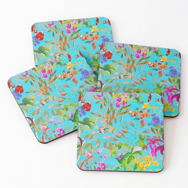 Artikelvorschau, Blumenblüten und Blumen exotischer Garten, Rosen und Blumen, botanisches Muster, Illustration, Pflanzenmuster, blaues Aqua-Blumenmuster entworfen und verkauft von ZeinabTaha.