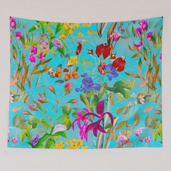 Artikelvorschau, Blumenblüten und Blumen exotischer Garten, Rosen und Blumen, botanisches Muster, Illustration, Pflanzenmuster, blaues Aqua-Blumenmuster entworfen und verkauft von ZeinabTaha.