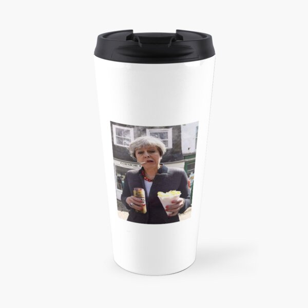Theresa May in Cornwall with a fag and a tinny Travel Mug