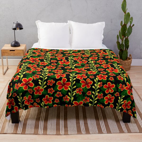 Item preview, Red Hibiscus and Yellow Baptisia on Black Half-Drop Repeat 5748 designed and sold by Art in My Loft.