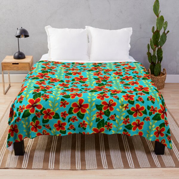 Item preview, Red Hibiscus and Yellow Baptisia on Sky Blue Half-Drop Repeat 5748 designed and sold by Art in My Loft.