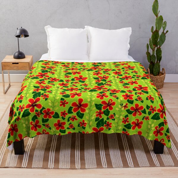 Item preview, Red Hibiscus and Yellow Baptisia on Bright Green Half-Drop Repeat 5748 designed and sold by Art in My Loft.