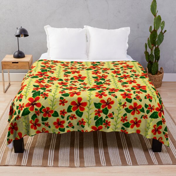 Item preview, Red Hibiscus and Yellow Baptisia on Soft Yellow Half-Drop Repeat 5748 designed and sold by Art in My Loft.