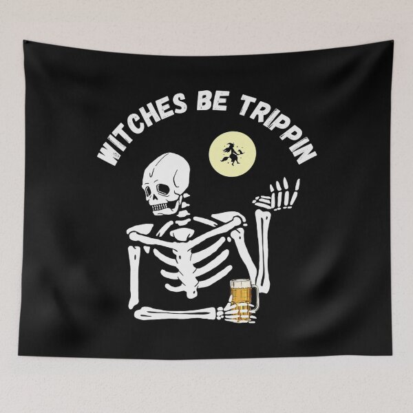 Item preview, Witches Be Trippin Funny Halloween Skeleton and Witch Pun designed and sold by eminentjournal9.